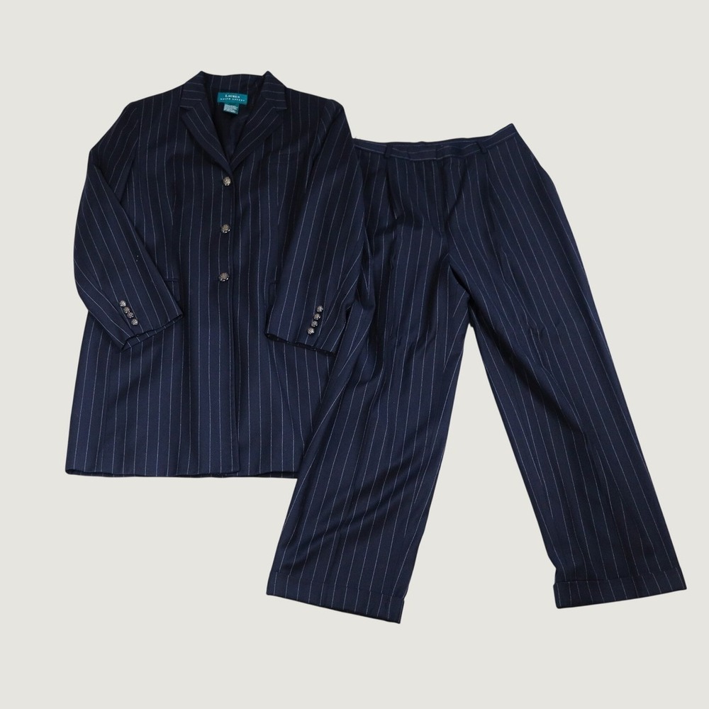 Vintage Lauren Ralph Lauren Black Pinstripe Wool Suit Moth Holes Upcycle Mending